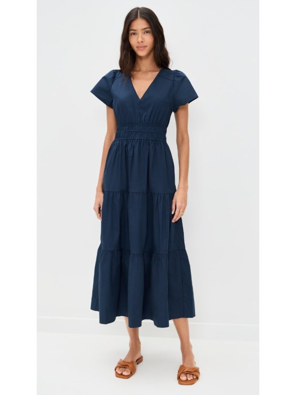 NWT Marea by Liz Joy Annabelle in Navy Blue Cotton Tiered Midi Dress M $268